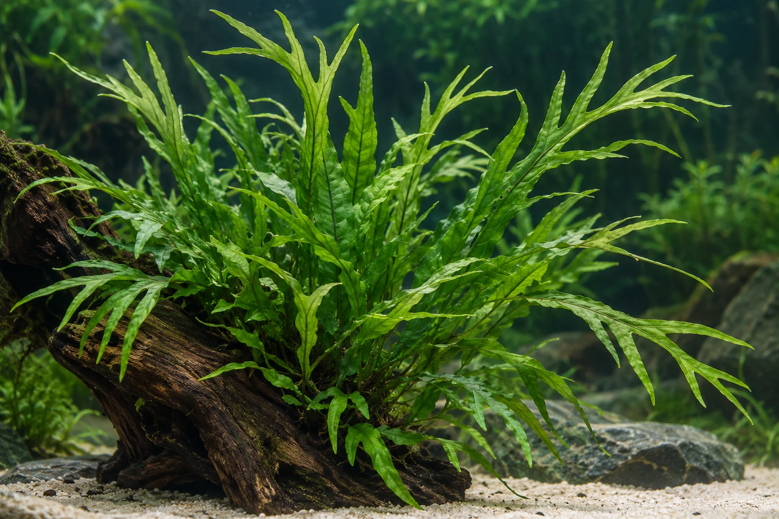 Javafarn 'Trident' (Microsorum pteropus 'Trident') in natürlicher Aquarienszene