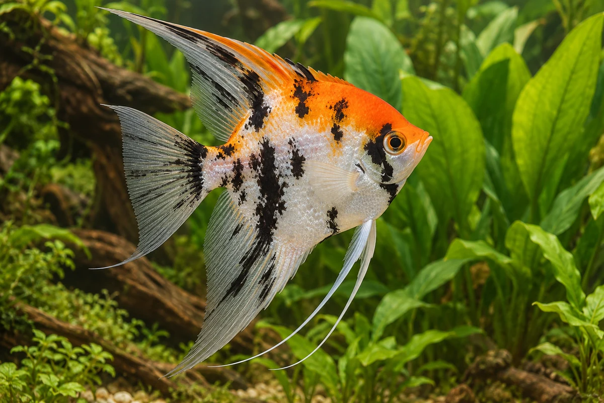 Koi-Skalar (Zuchtform): vollständiger Fisch im bepflanzten Aquarium