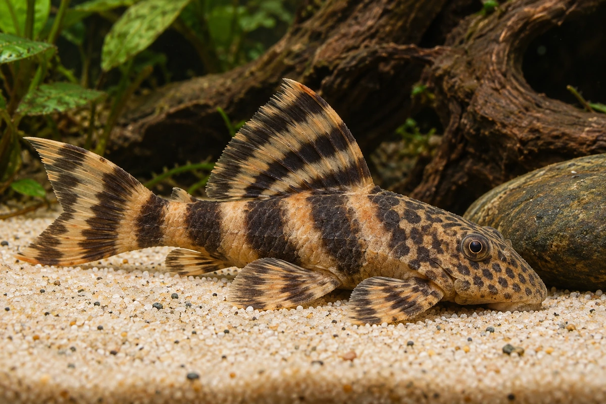 Zierbinden-Zwergschilderwels L015 (Peckoltia cf. vittata) auf natürlichem Untergrund im Aquarium