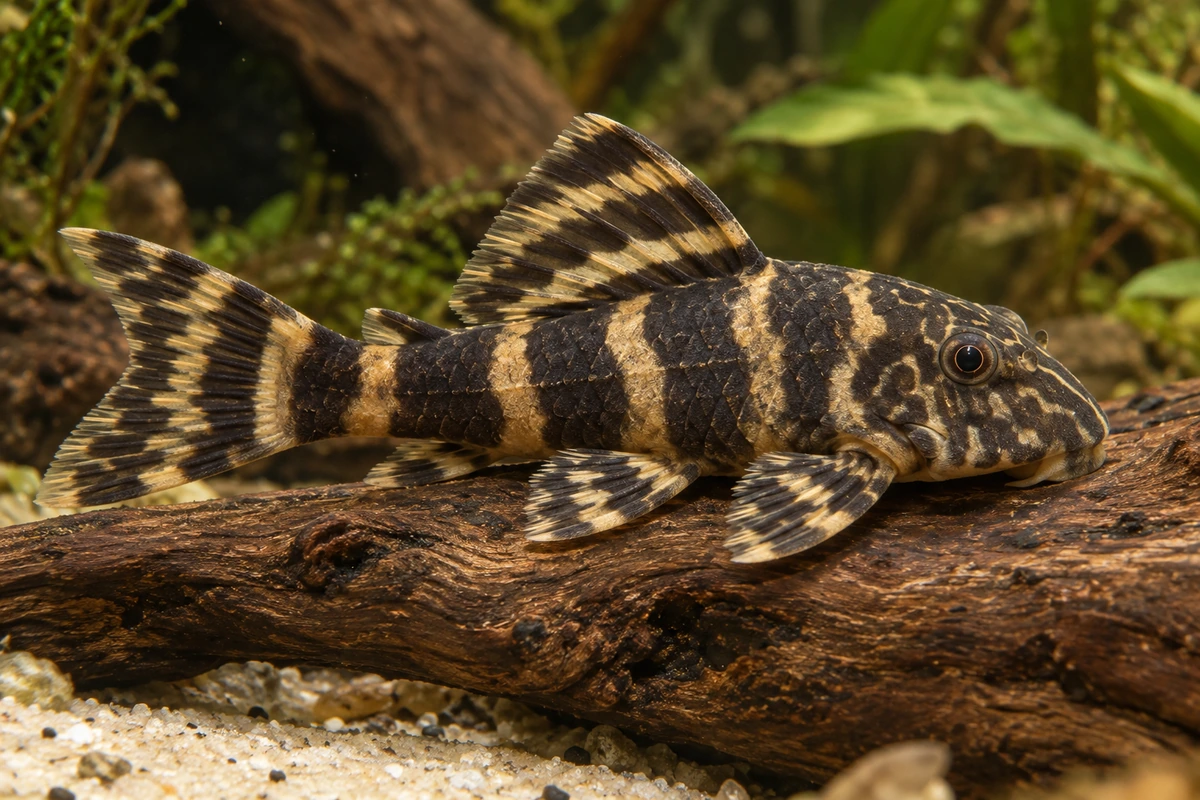 Clown-Harnischwels L104 (Panaqolus cf. maccus) auf natürlichem Untergrund im Aquarium