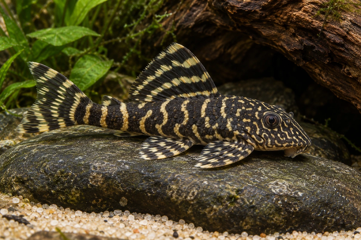 Kolumbianischer Zebrawels L129 (Hypancistrus debilittera) auf natürlichem Untergrund im Aquarium