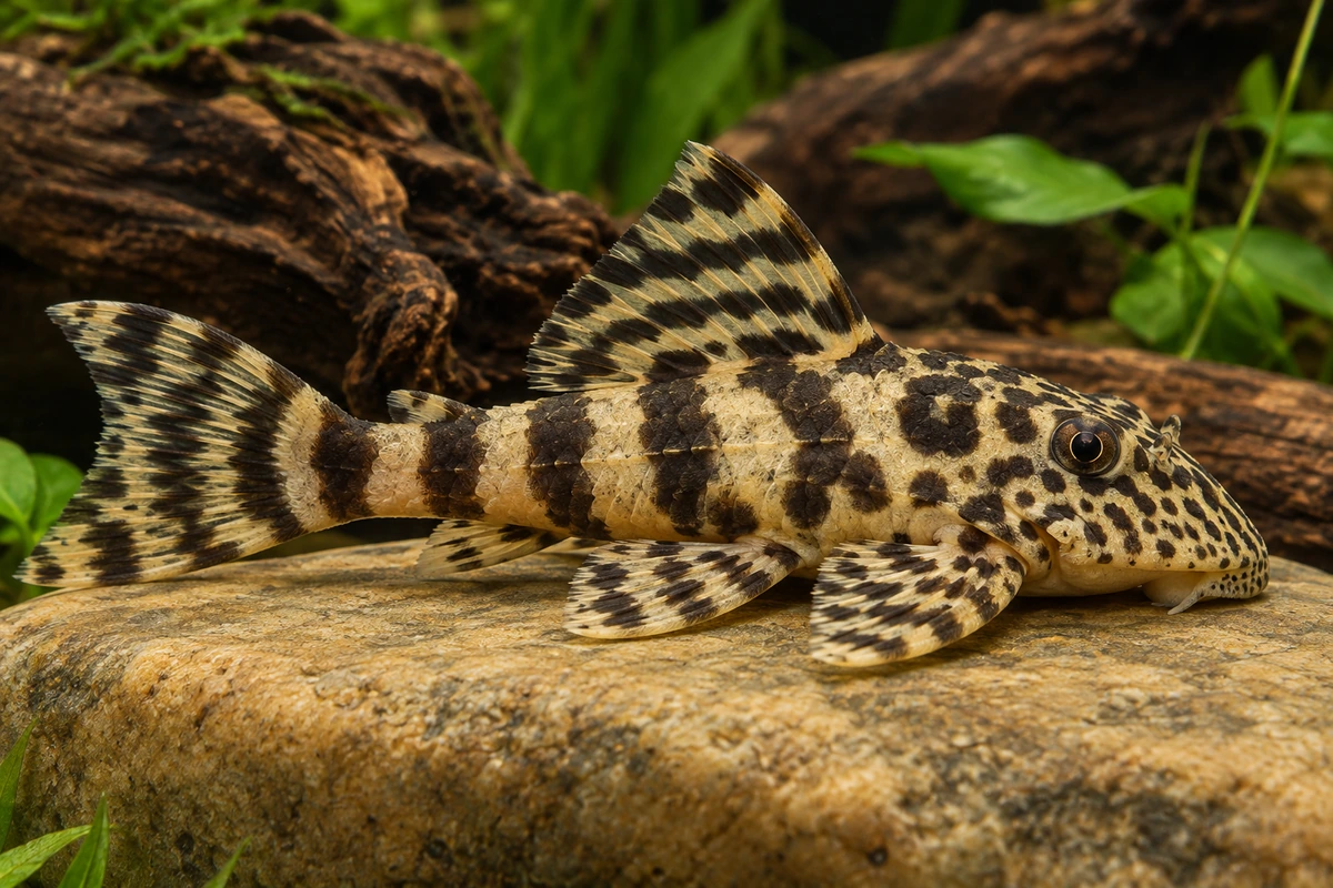 Goldtiger-Harnischwels L134 (Peckoltia compta) auf natürlichem Untergrund im Aquarium