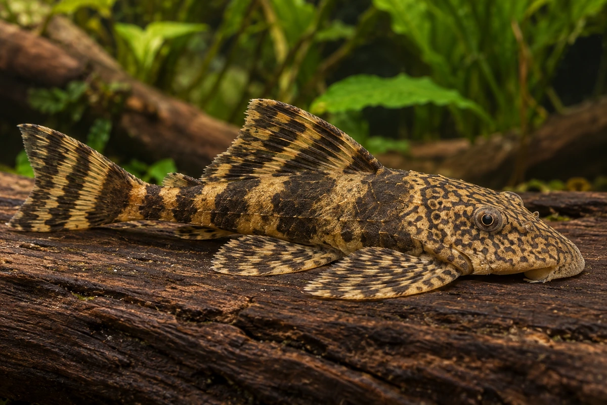 Schmetterlings-Harnischwels L168 (Dekeyseria picta) auf natürlichem Untergrund im Aquarium