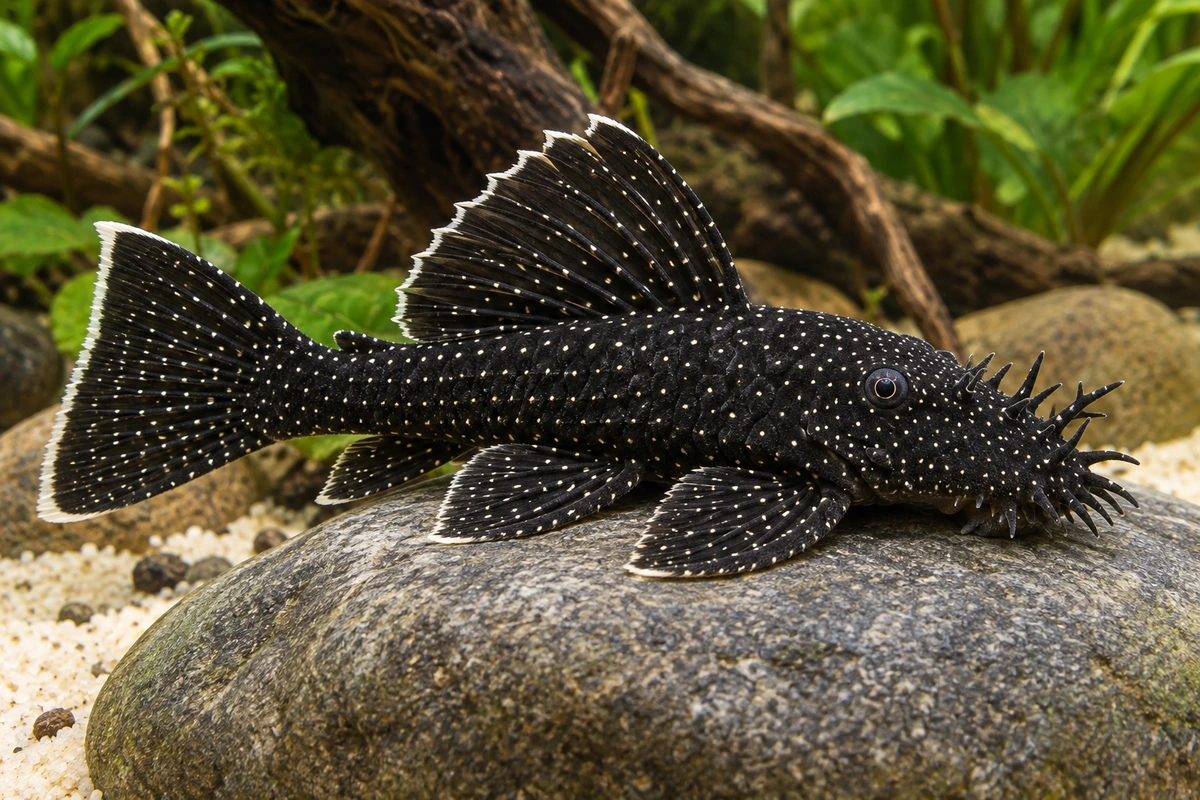 Weißsaum-Antennenwels L183 (Ancistrus dolichopterus) auf natürlichem Untergrund im Aquarium
