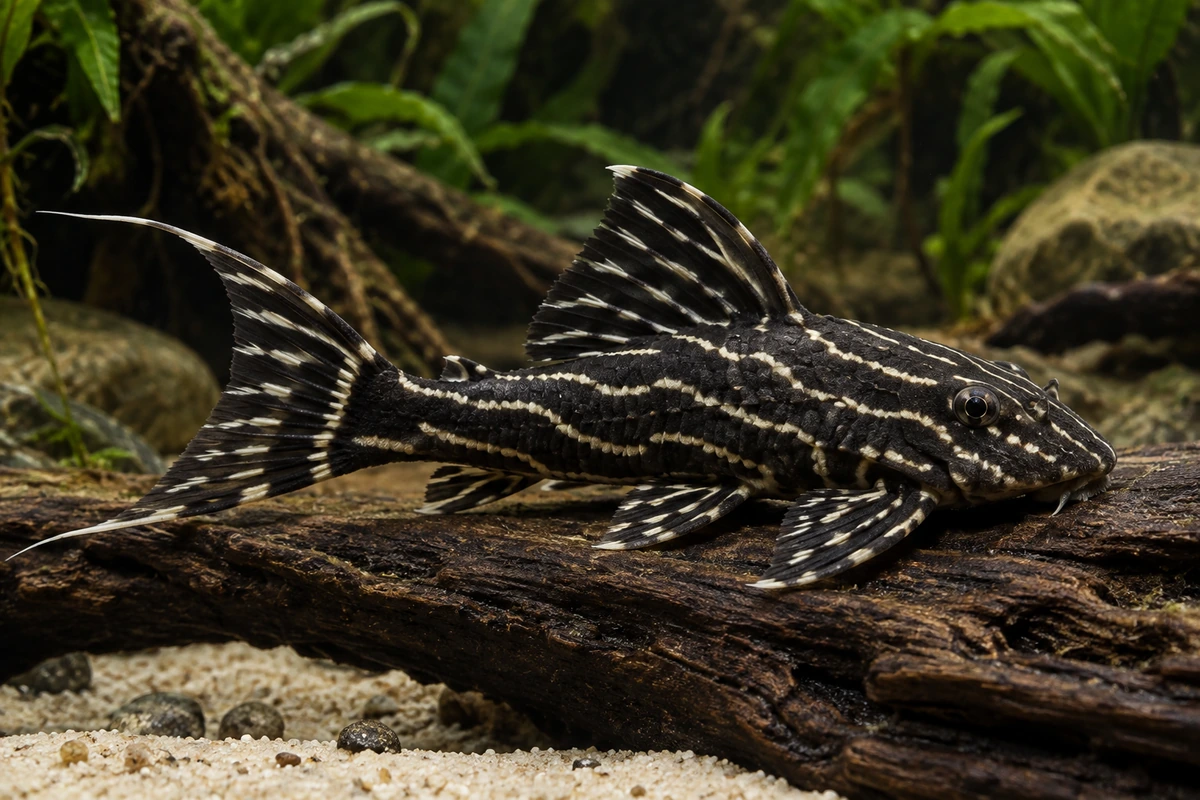 Ringelsocken-Harnischwels L204 (Panaqolus albivermis) auf natürlichem Untergrund im Aquarium