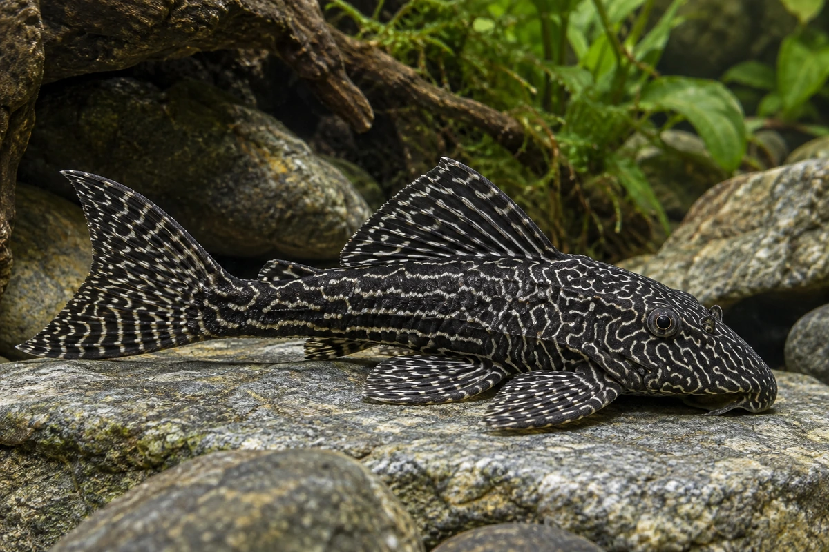 Queen-Arabesque-Harnischwels L260 (Hypancistrus sp. L260) auf natürlichem Untergrund im Aquarium