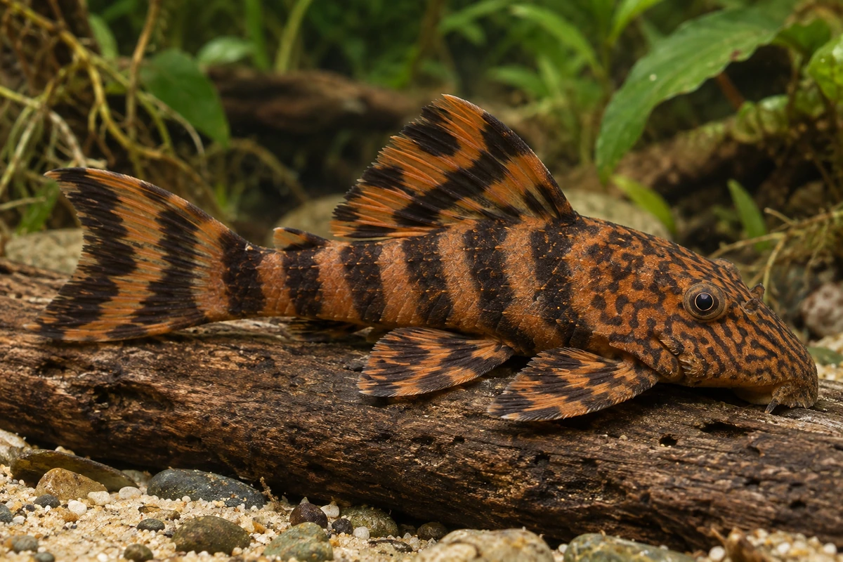 Alenquer-Tigerharnischwels L397 (Panaqolus sp. L397) auf natürlichem Untergrund im Aquarium