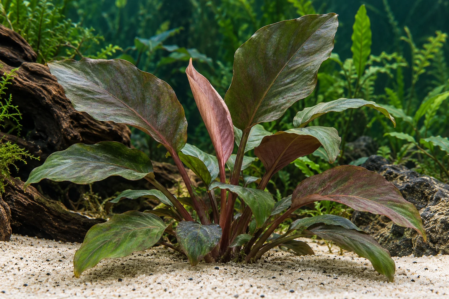 Rote Meebold-Lagenandra (Lagenandra meeboldii 'Red') in natürlicher Aquarienszene