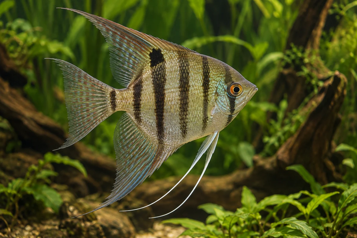 Leopold-Skalar: vollständiger Fisch im bepflanzten Aquarium