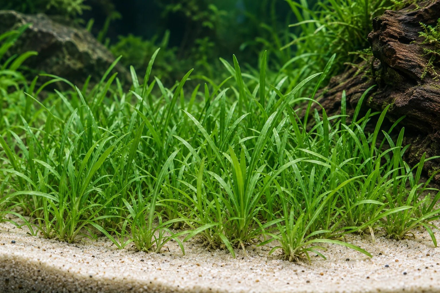 Brasilianische Graspflanze (Lilaeopsis brasiliensis) in natürlicher Aquarienszene