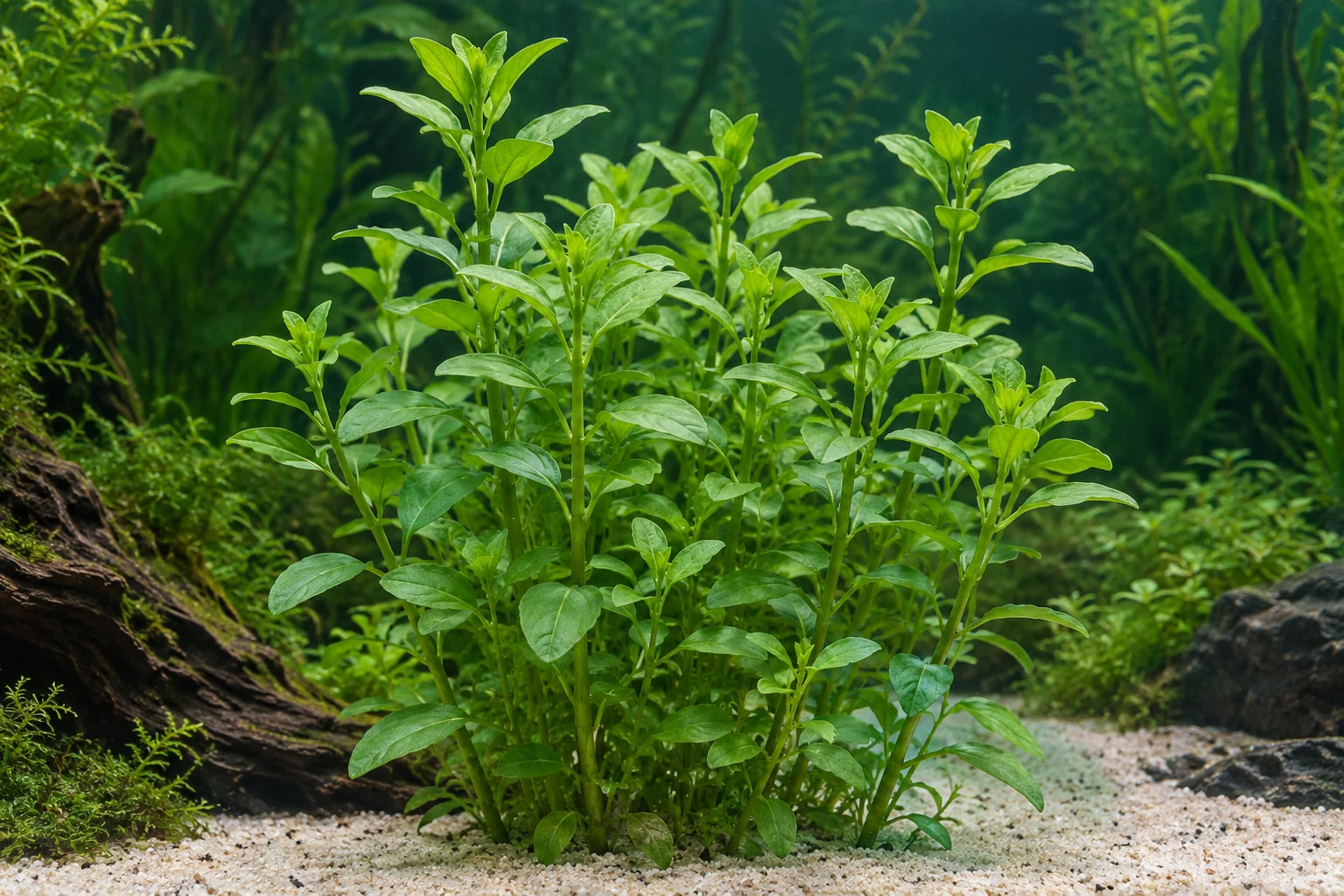 Kardinalslobelie (Lobelia cardinalis) in natürlicher Aquarienszene