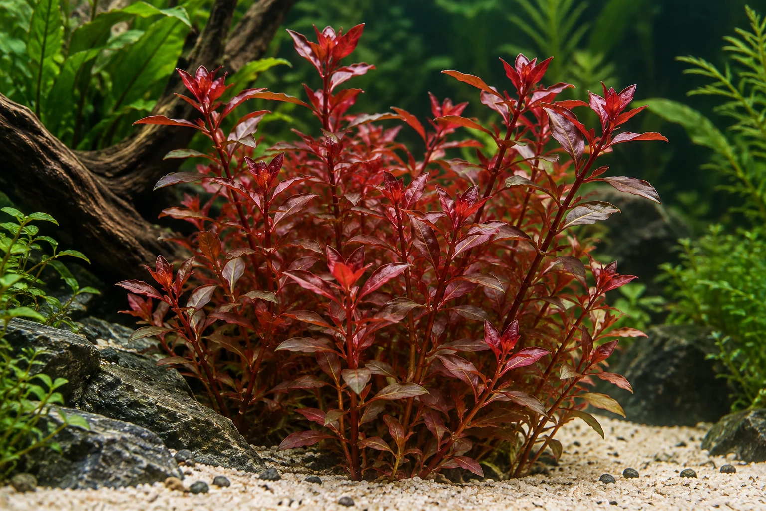 Ludwigie 'Super Red' (Ludwigia palustris 'Super Red') in natürlicher Aquarienszene