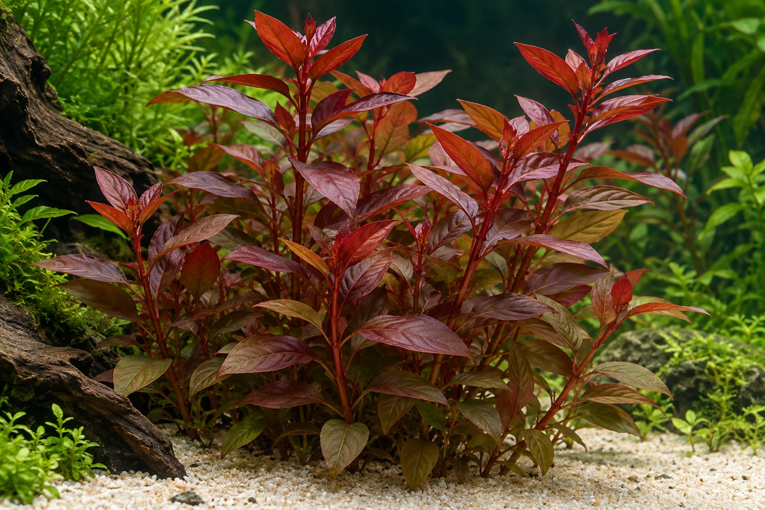 Rubinrote Ludwigie (Ludwigia repens 'Rubin') in natürlicher Aquarienszene
