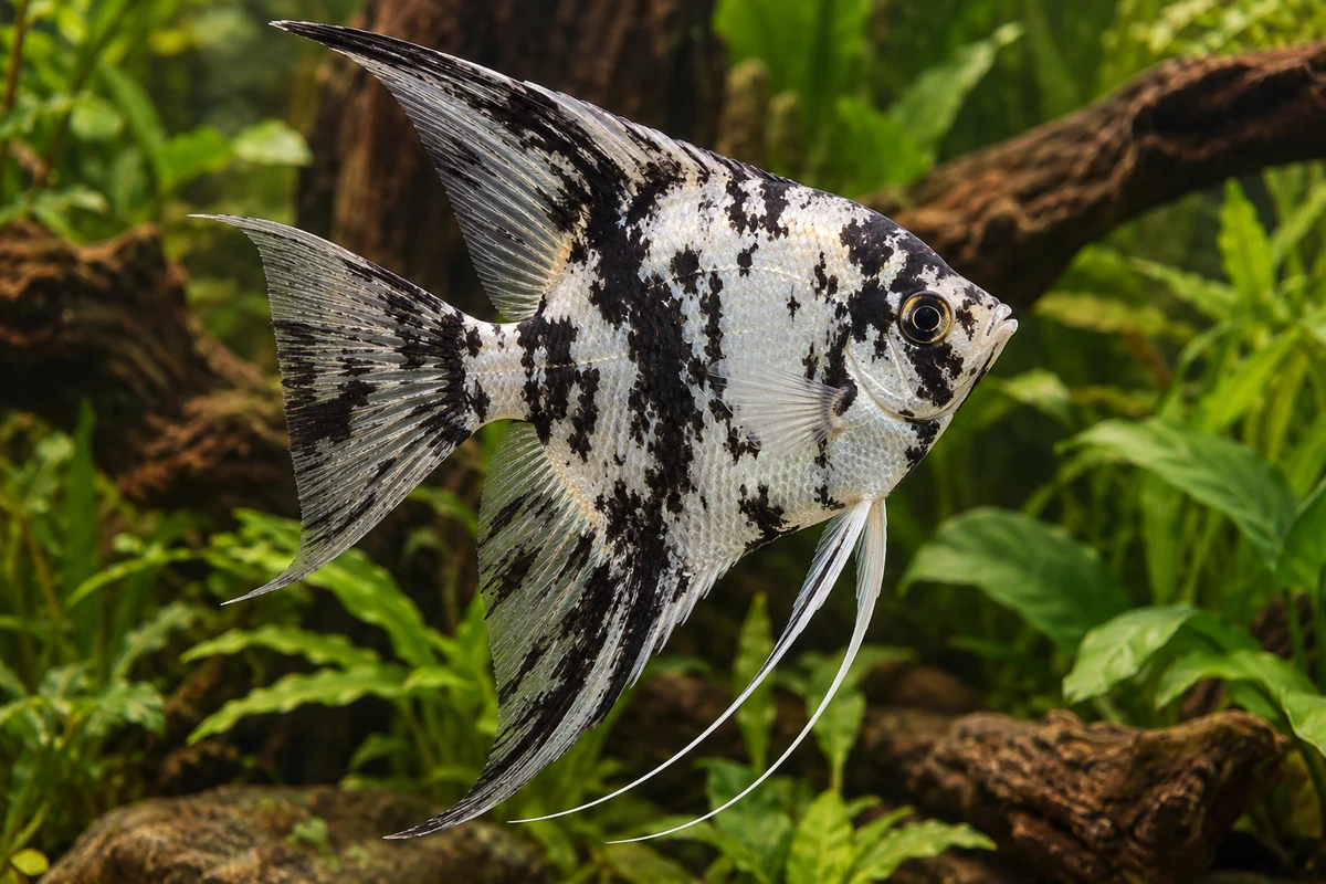 Marmor-Skalar (Zuchtform): vollständiger Fisch im bepflanzten Aquarium
