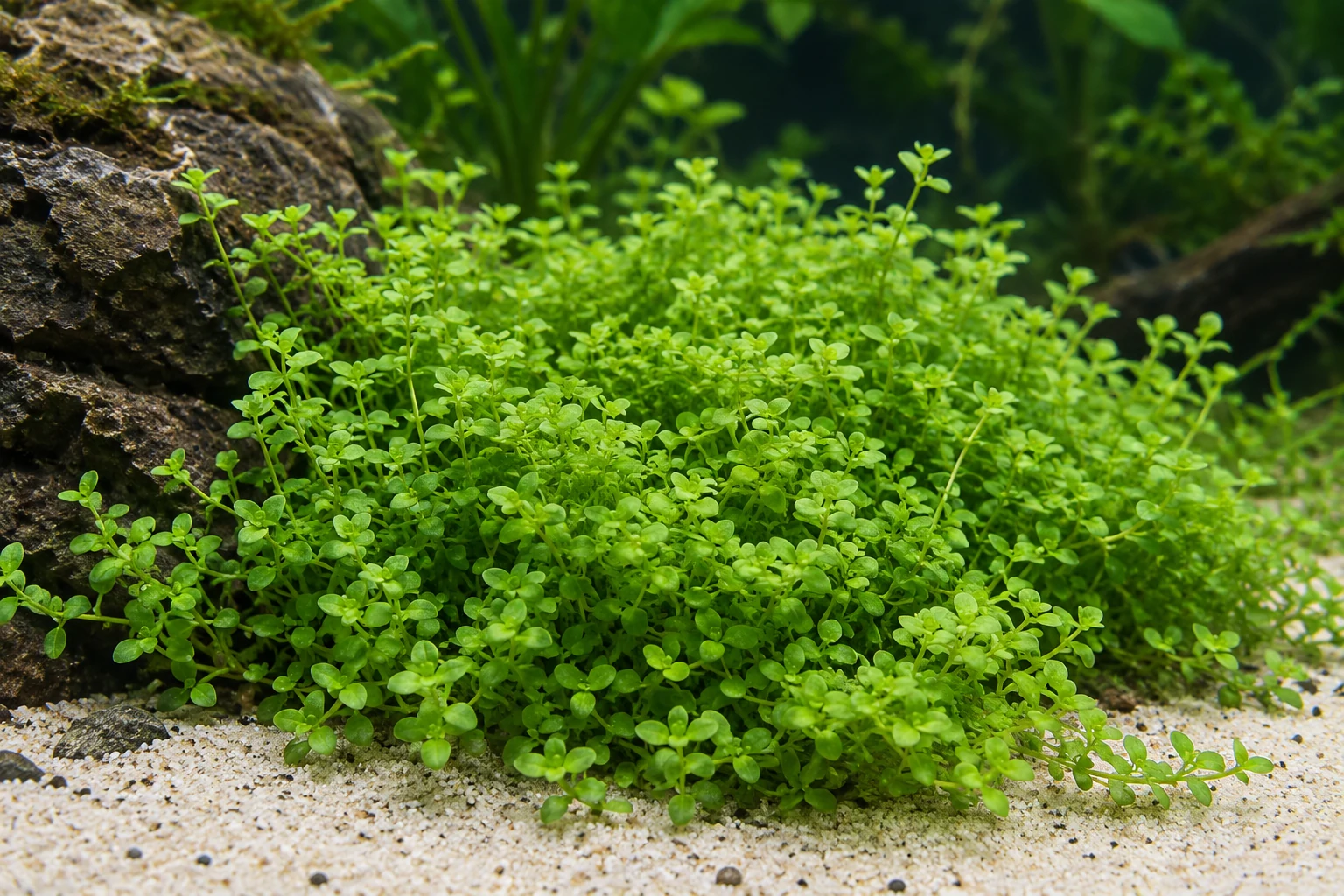Monte-Carlo-Perlenkraut (Micranthemum tweediei 'Monte Carlo') in natürlicher Aquarienszene