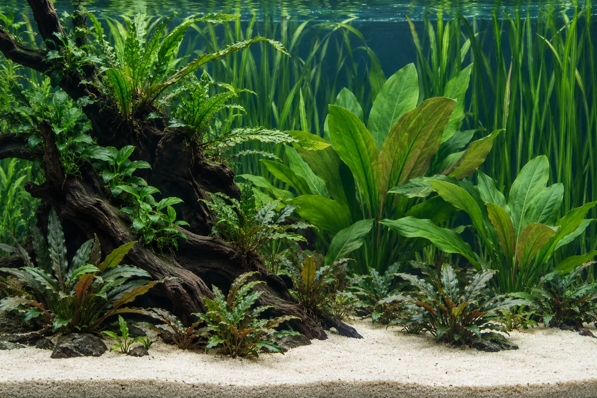 Pflanzen und natürliche Einrichtung im Aquarium