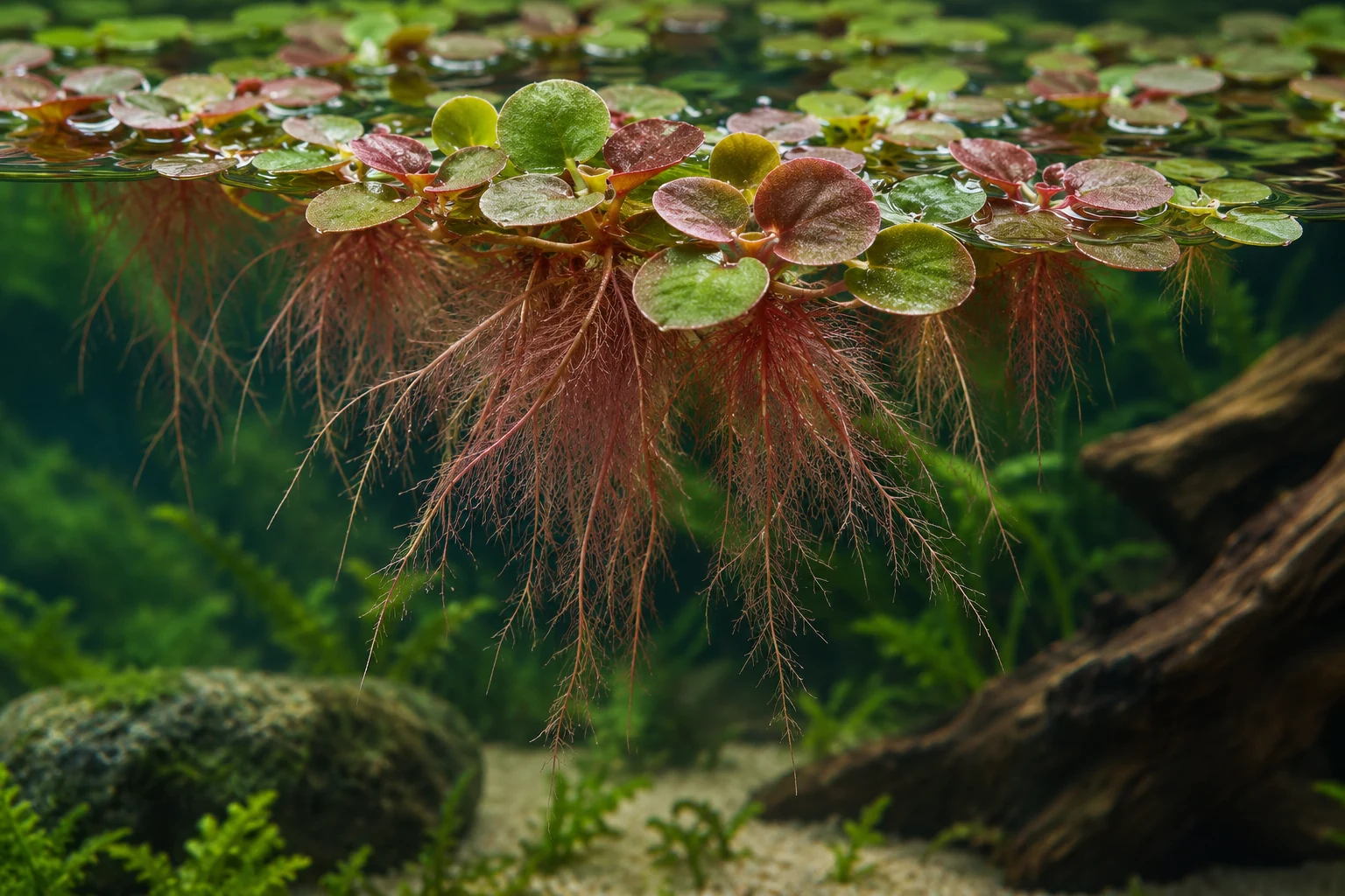 Roter Wurzelschwimmer (Phyllanthus fluitans) in natürlicher Aquarienszene