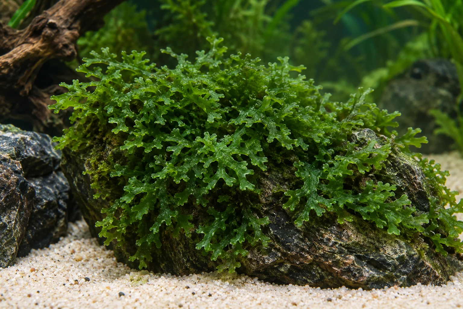 Korallenmoos (Riccardia chamedryfolia) in natürlicher Aquarienszene
