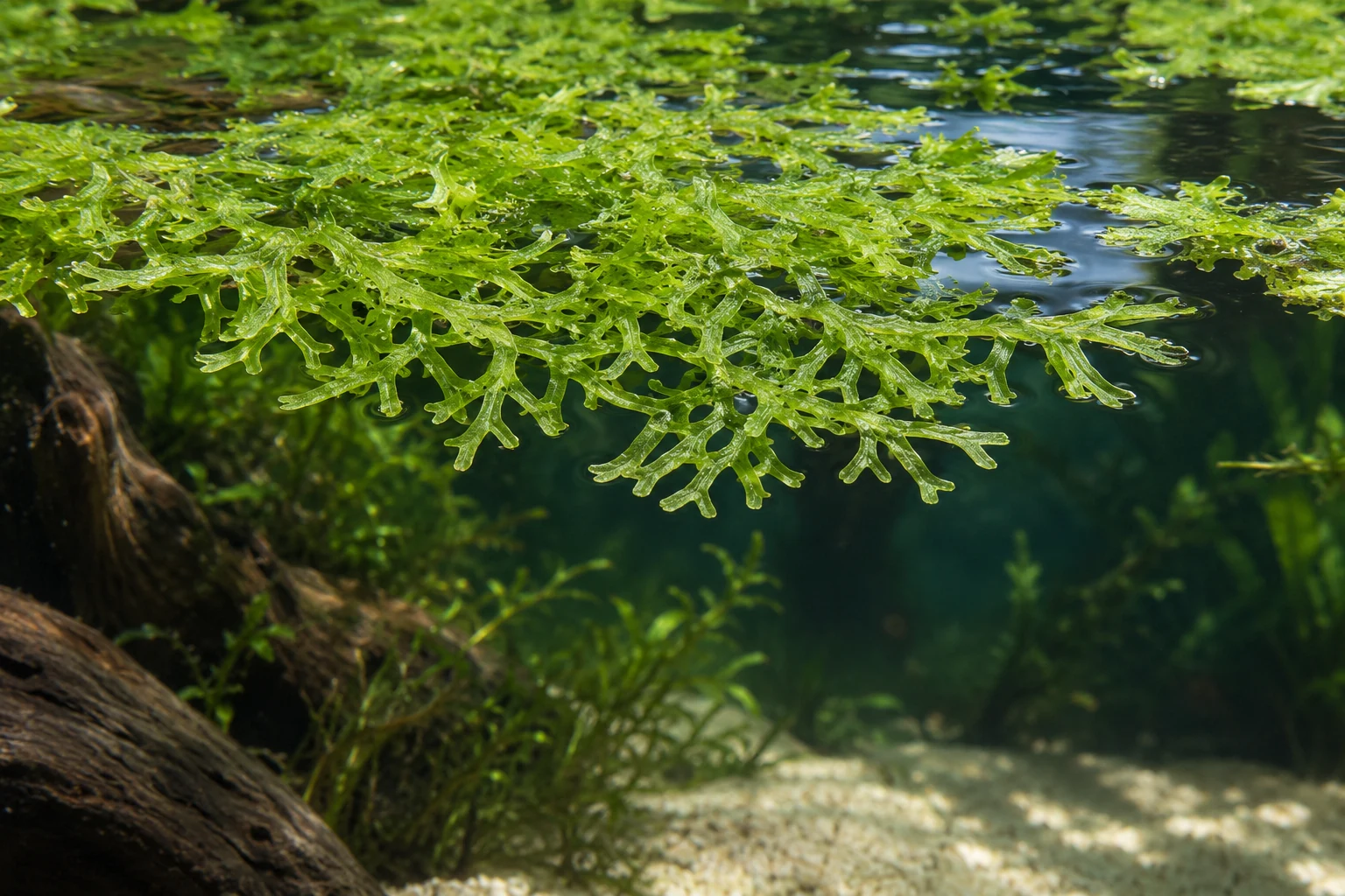Schwimmendes Teichlebermoos (Riccia fluitans) in natürlicher Aquarienszene
