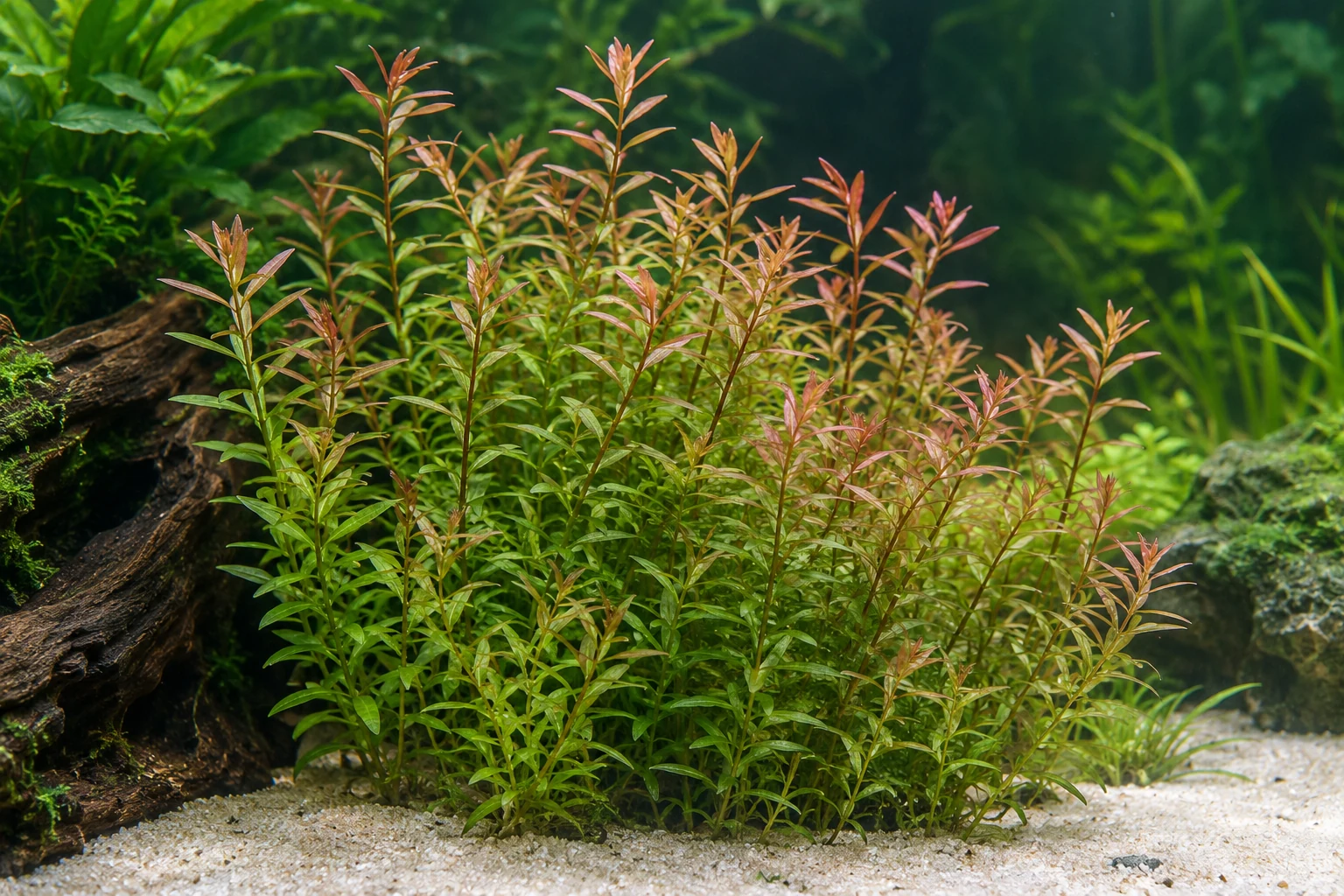 Rundblättrige Rotala (Rotala rotundifolia) in natürlicher Aquarienszene