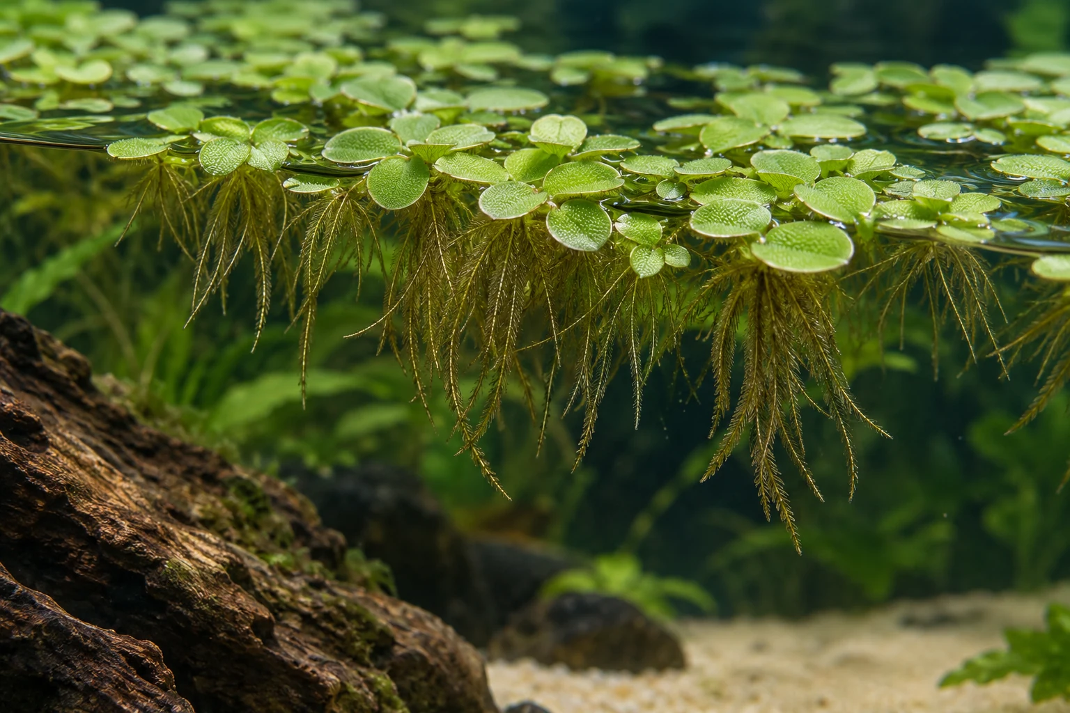 Kleiner Schwimmfarn (Salvinia minima) in natürlicher Aquarienszene