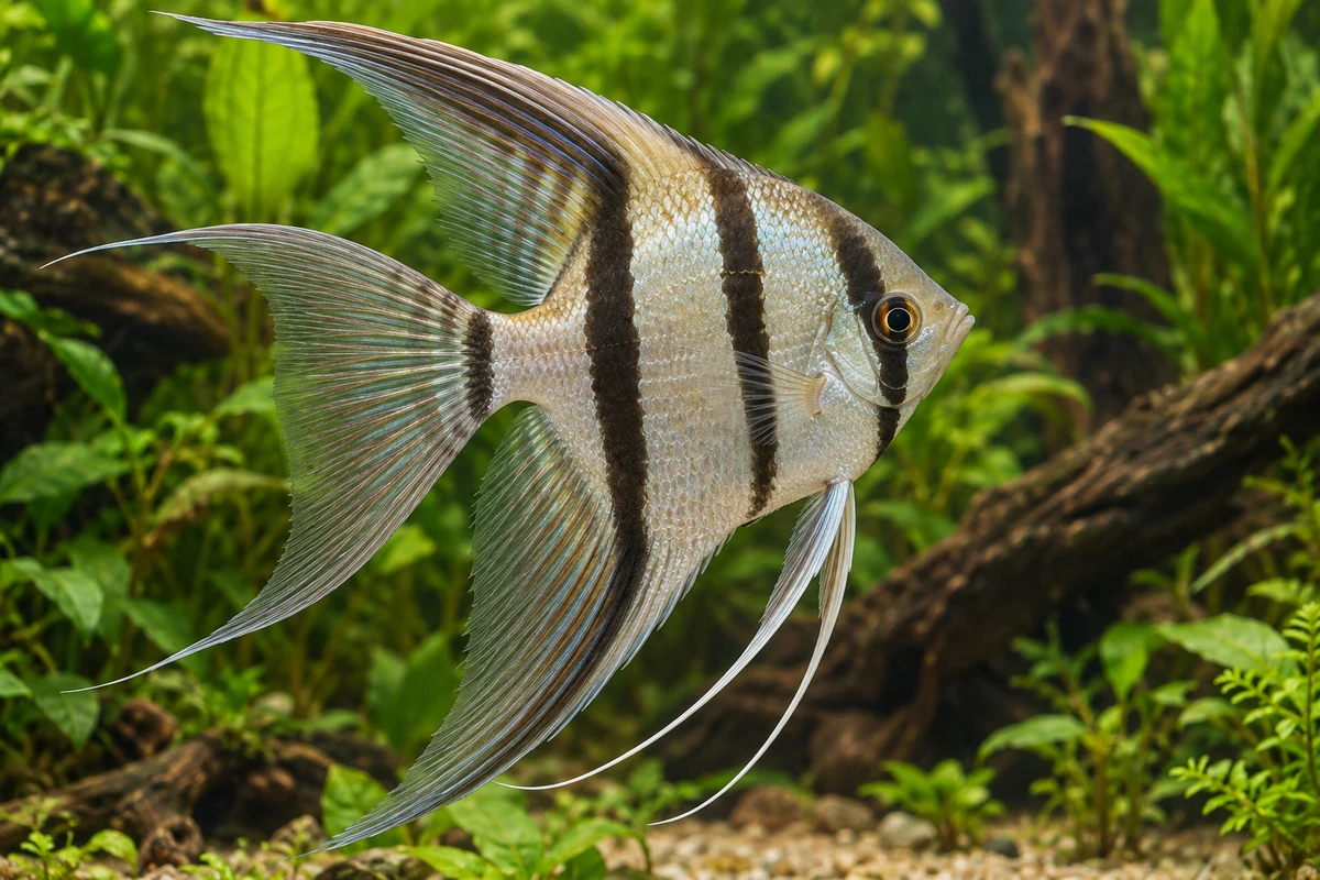 Schleierskalar (Zuchtform): vollständiger Fisch im bepflanzten Aquarium