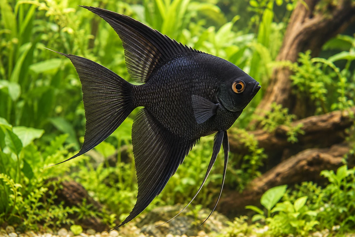 Schwarzer Skalar (Zuchtform): vollständiger Fisch im bepflanzten Aquarium