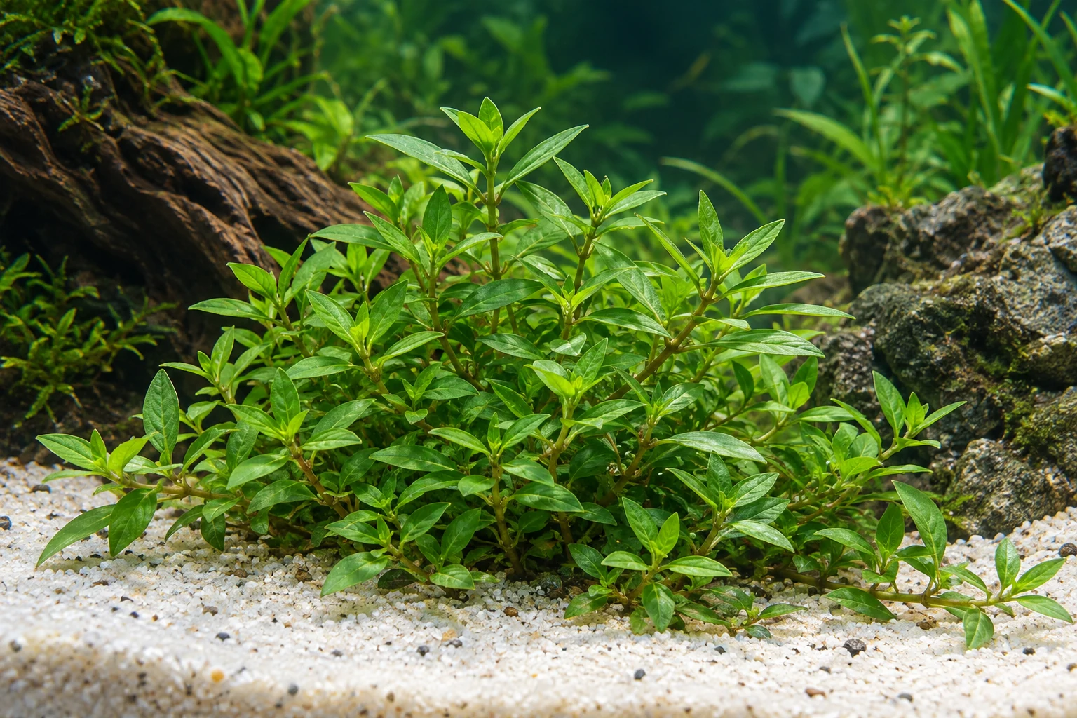 Kriechende Staurogyne (Staurogyne repens) in natürlicher Aquarienszene