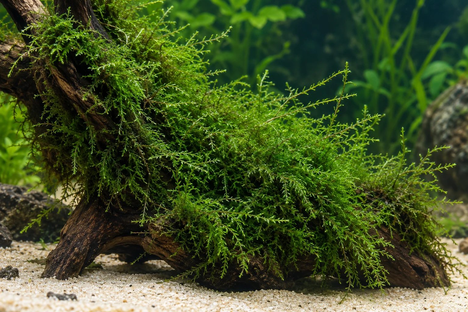 Javamoos (Taxiphyllum barbieri) in natürlicher Aquarienszene