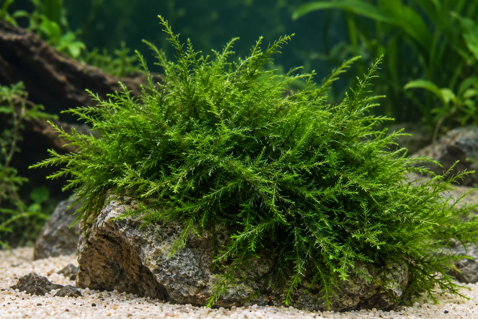 Spiky-Moos (Taxiphyllum sp. 'Spiky Moss') in natürlicher Aquarienszene