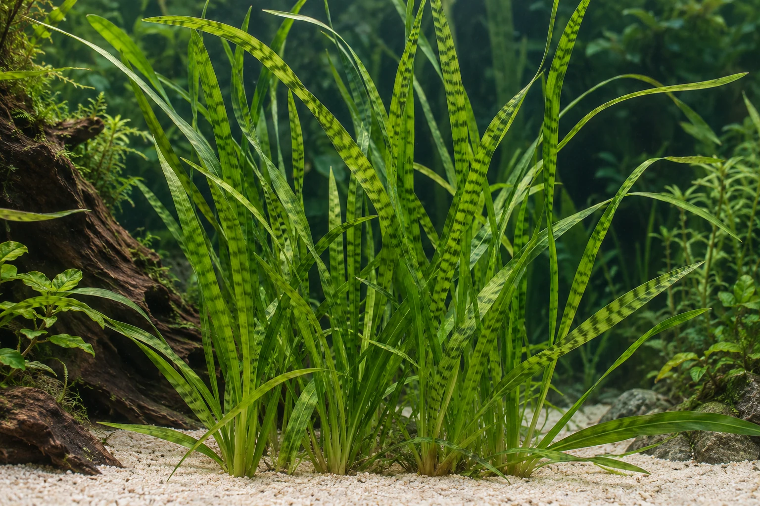 Tiger-Vallisnerie (Vallisneria spiralis 'Tiger') in natürlicher Aquarienszene