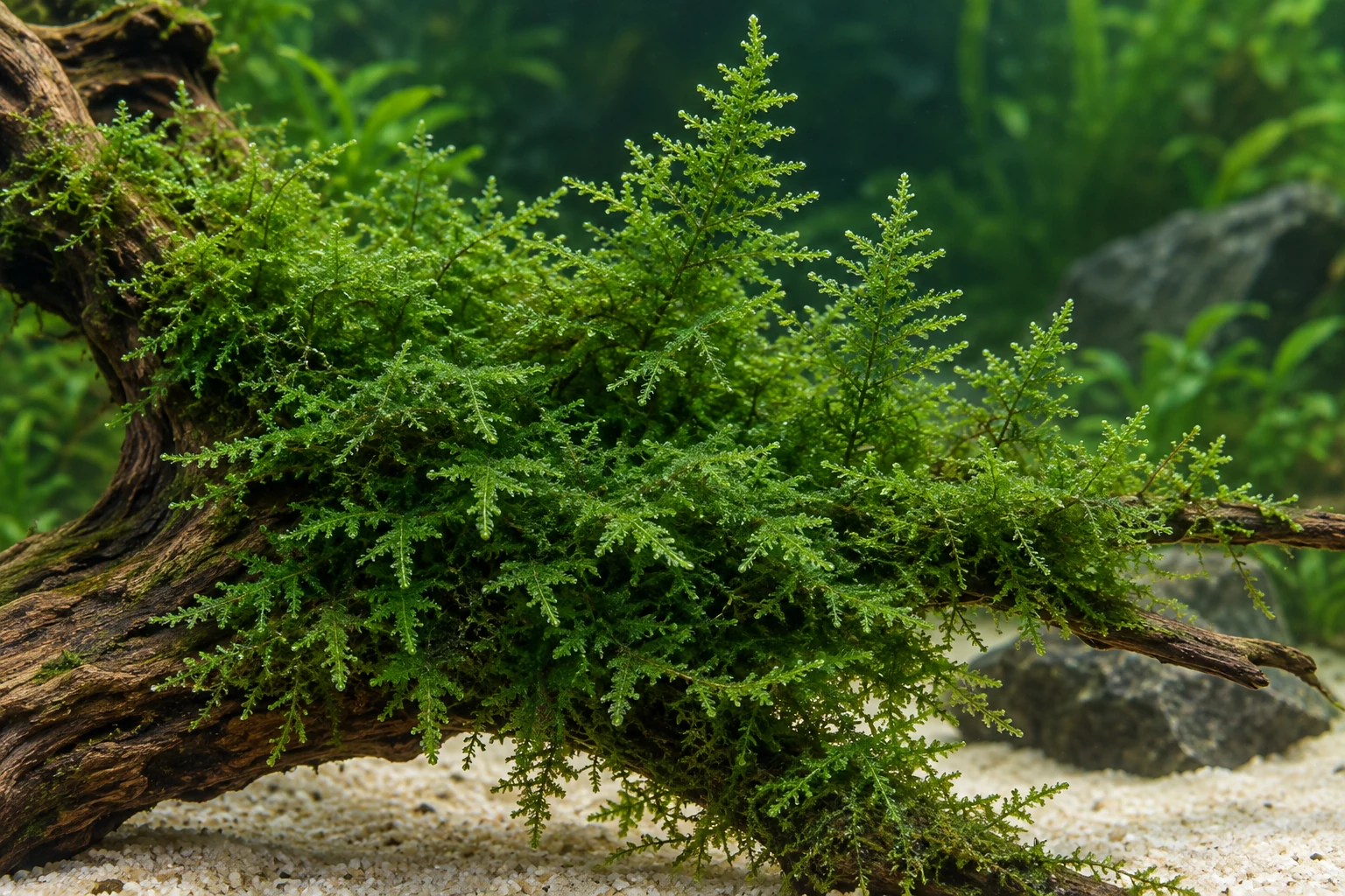 Weihnachtsbaummoos (Vesicularia montagnei 'Christmas Moss') in natürlicher Aquarienszene