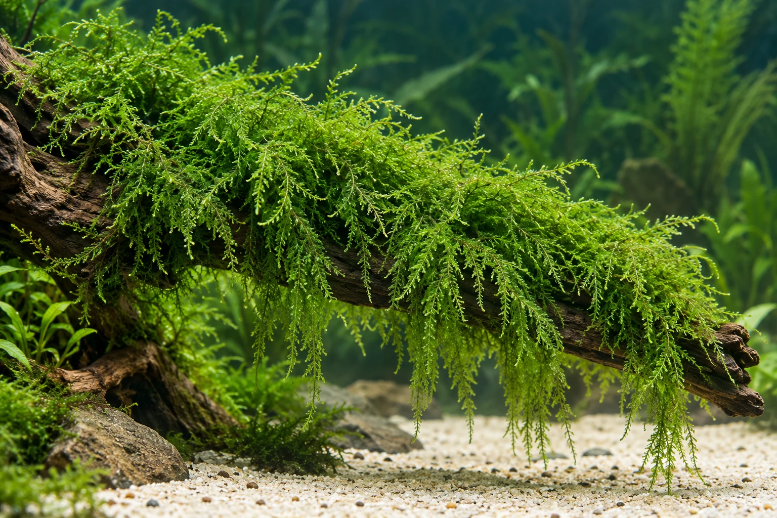 Hängendes Moos 'Weeping' (Vesicularia ferriei 'Weeping Moss') in natürlicher Aquarienszene