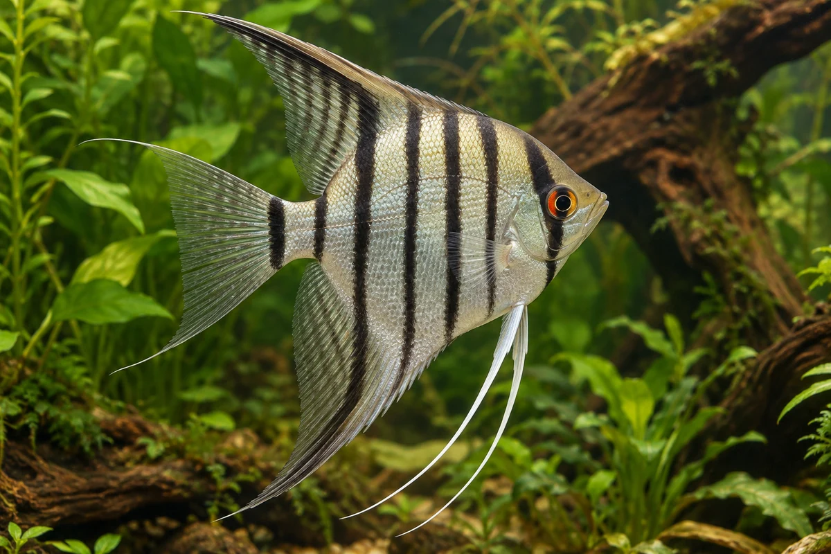 Zebra-Skalar (Zuchtform): vollständiger Fisch im bepflanzten Aquarium