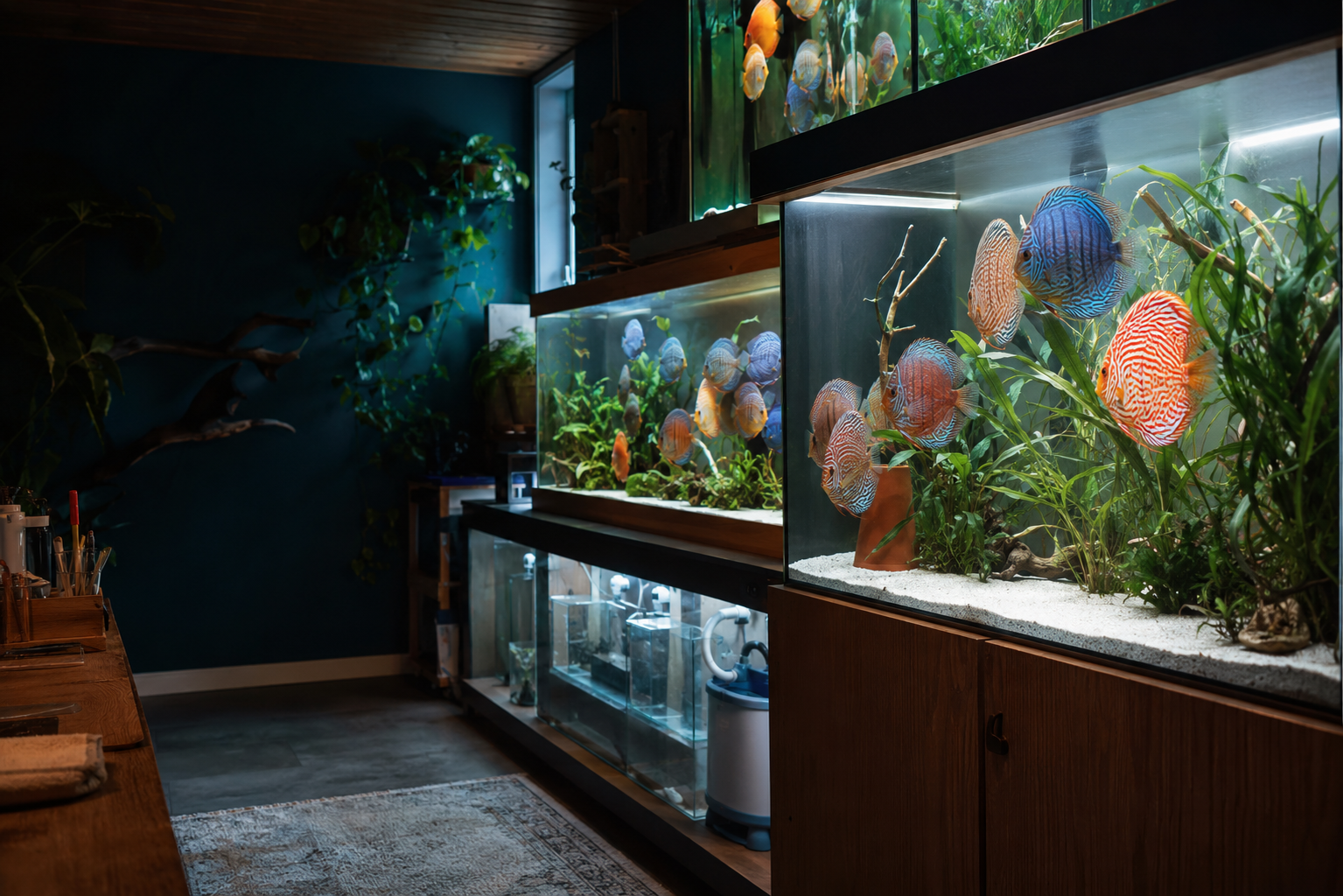 Private Diskus-Hobbyzucht mit mehreren gepflegten Aquarien