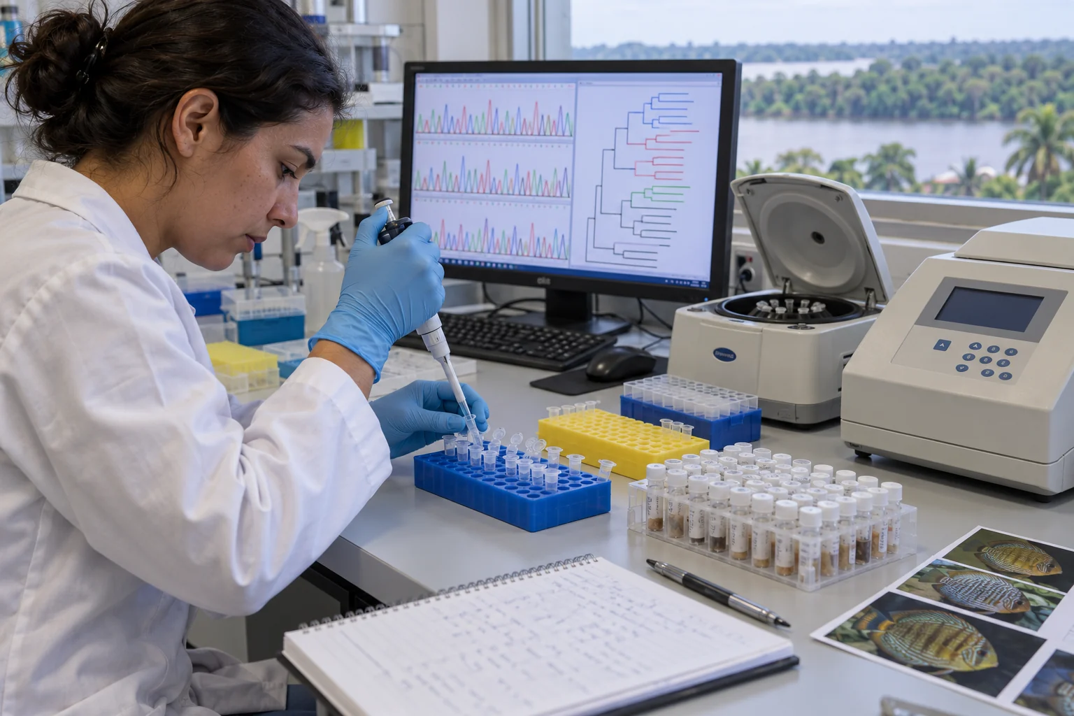 Illustrative Rekonstruktion molekulargenetischer Forschung um 2010: Pipettieren von Gewebeproben im Labor mit PCR-Gerät und DNA-Auswertung am Computer