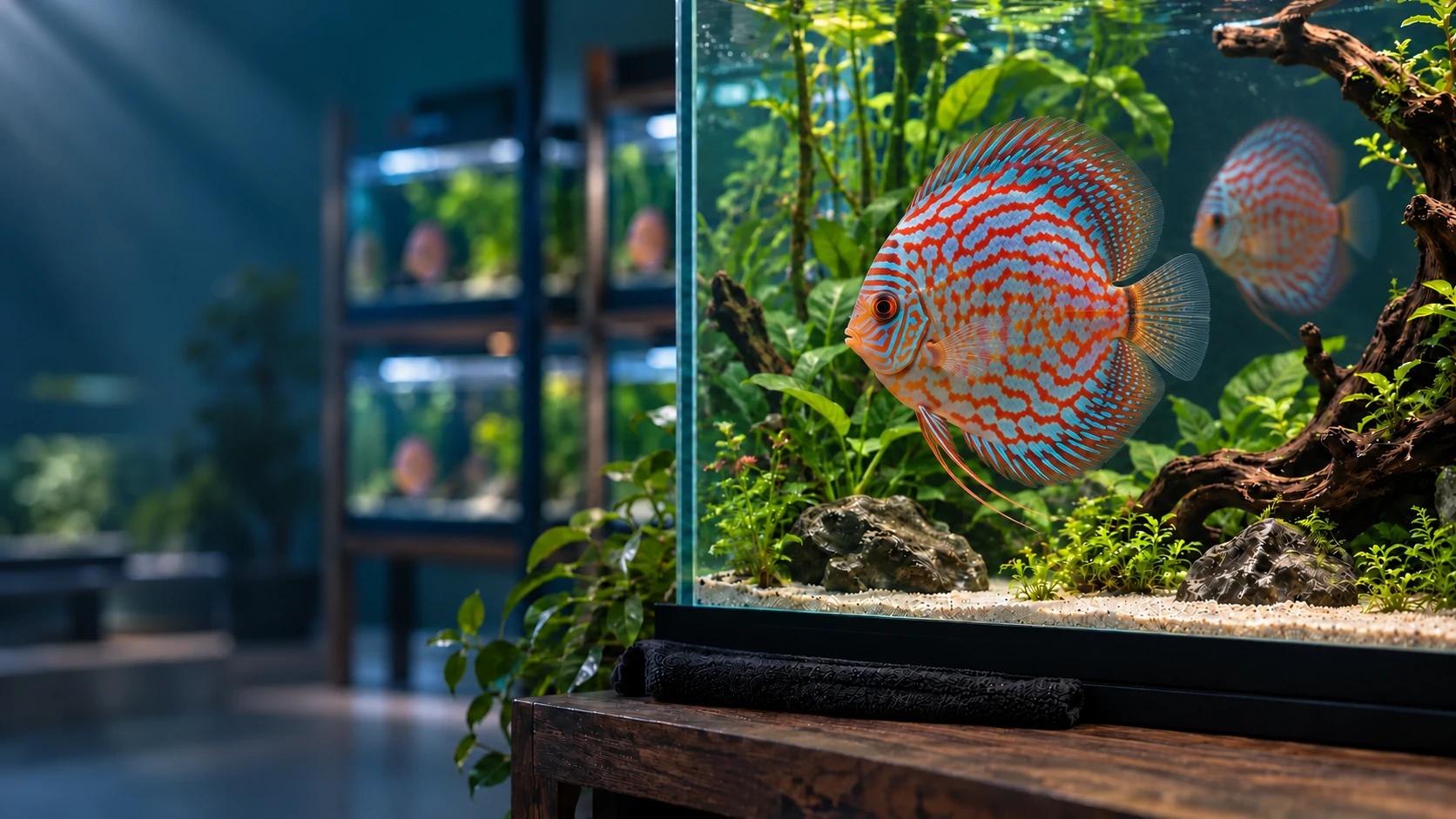 Runder Rottürkis-Diskus mit fein durchscheinenden Flossen in einem bepflanzten Aquarium