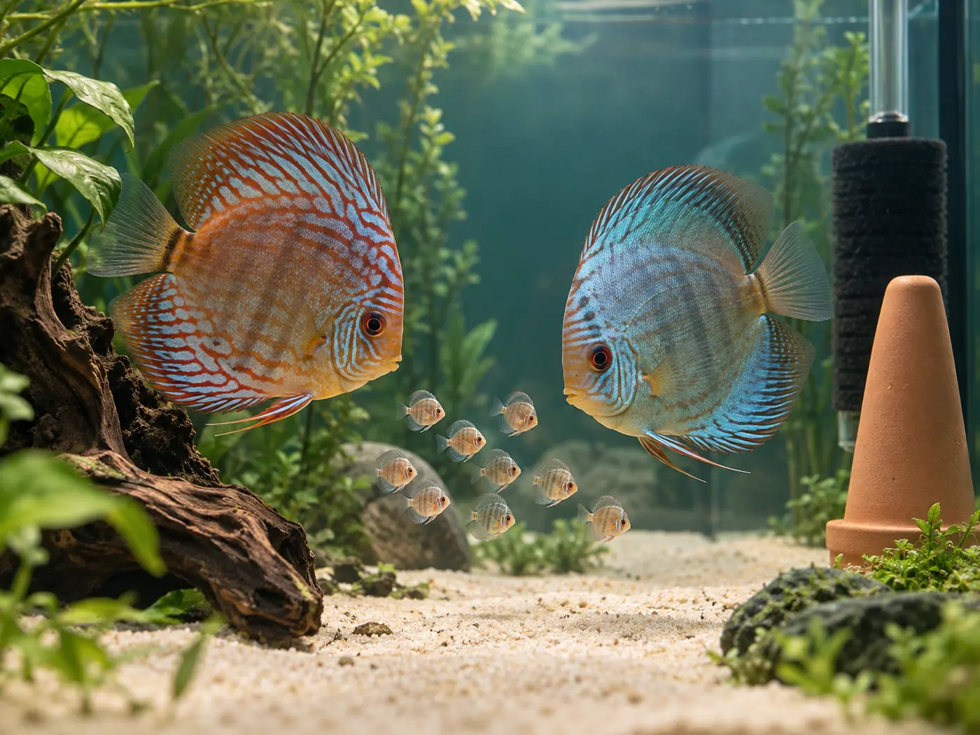 Diskuspaar mit Jungfischen in einem gepflegten Zuchtaquarium