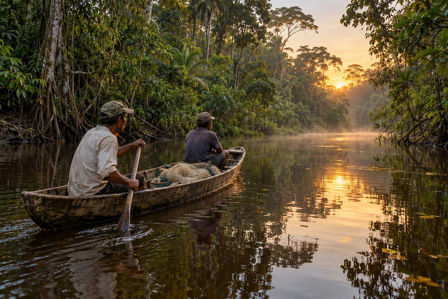 Zwei Fischer fahren im Holzkanu durch einen stillen amazonischen Wasserlauf bei Tagesanbruch.