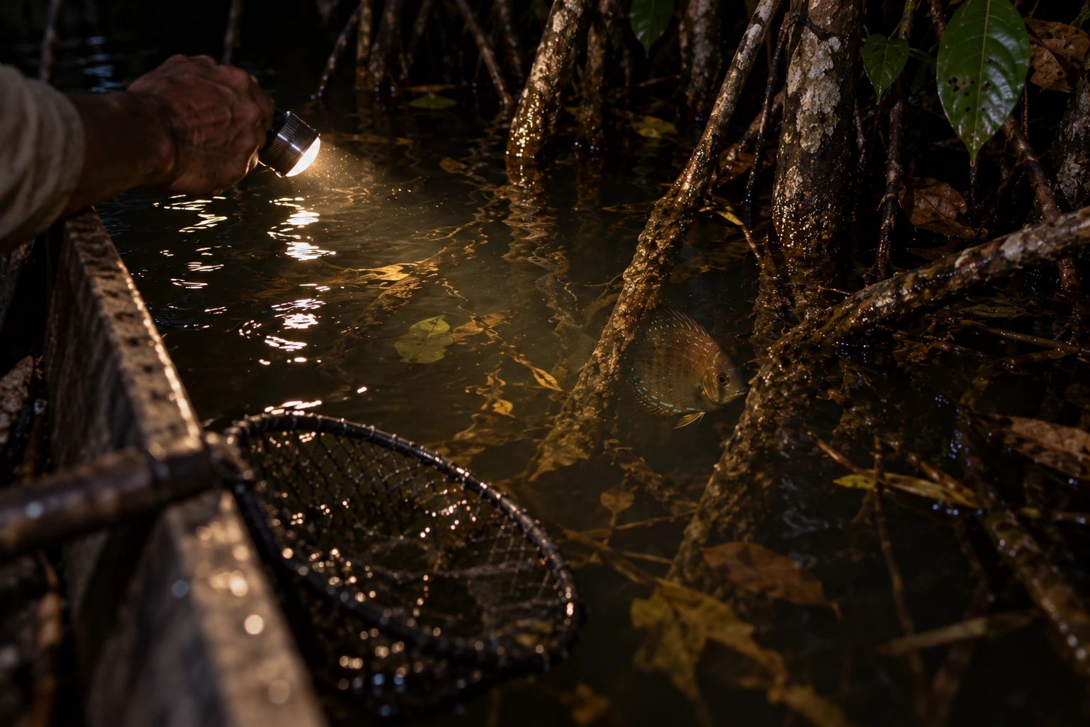 Ein Wilddiskus ist im seitlichen Taschenlampenlicht nur teilweise zwischen dunklen Wurzeln im Wasser zu sehen.