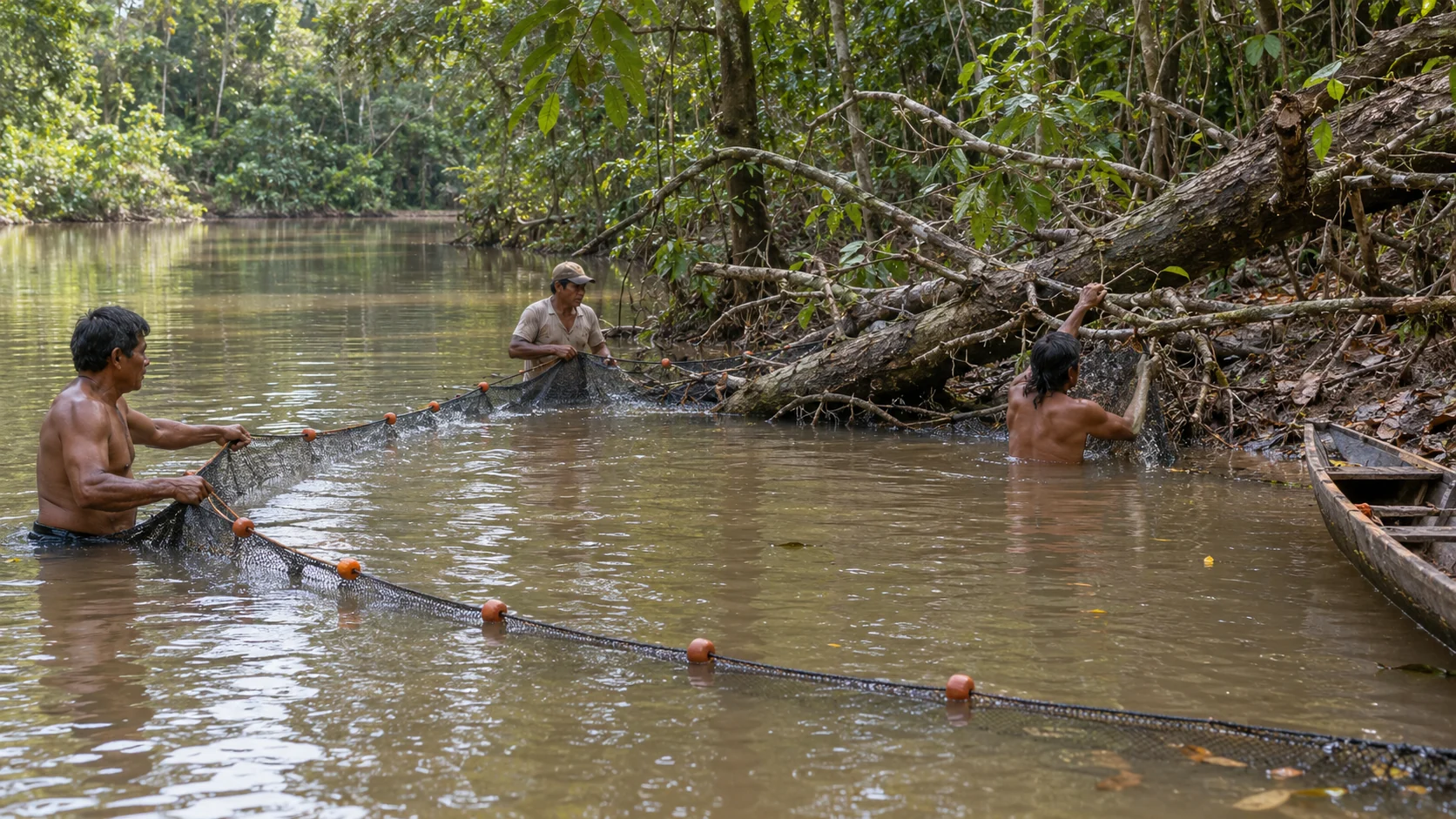 Drei Fischer umschließen versunkenes Astwerk mit einem Zugnetz in einer ruhigen amazonischen Uferbucht.