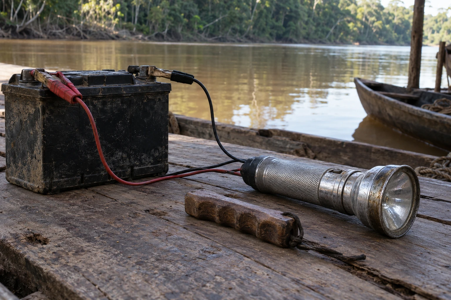 Eine historische Metalltaschenlampe und eine Autobatterie mit zwei getrennten Anschlussklemmen liegen trocken im Holzkanu.