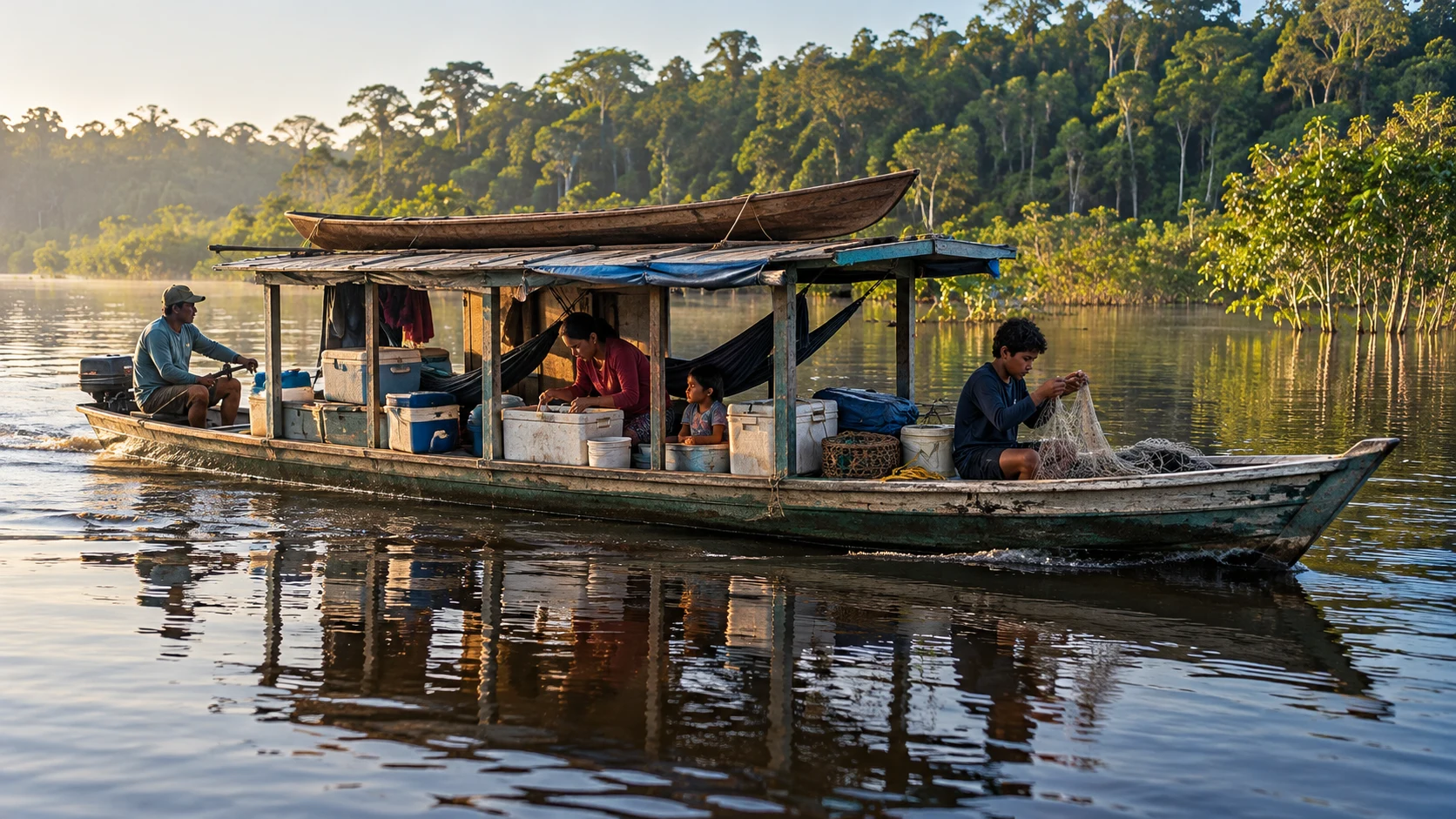 Eine Fischerfamilie ist mit einem kleinen überdachten Holzboot und Kanu auf einem amazonischen Nebenarm unterwegs.