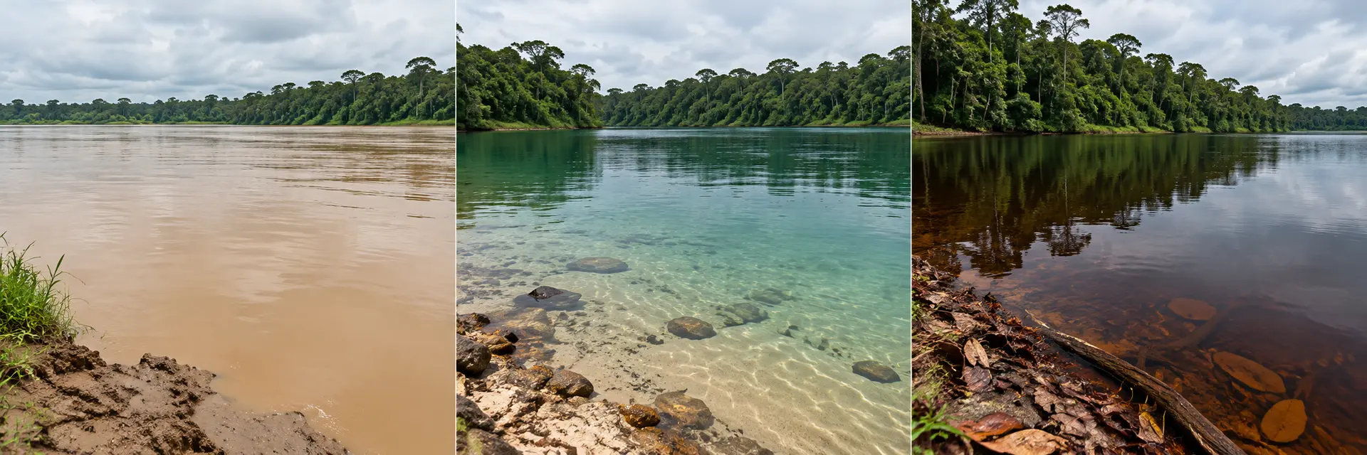 Vergleich von hellem sedimentreichem Weißwasser, durchsichtigem grünlichem Klarwasser und dunklem transparentem Schwarzwasser.