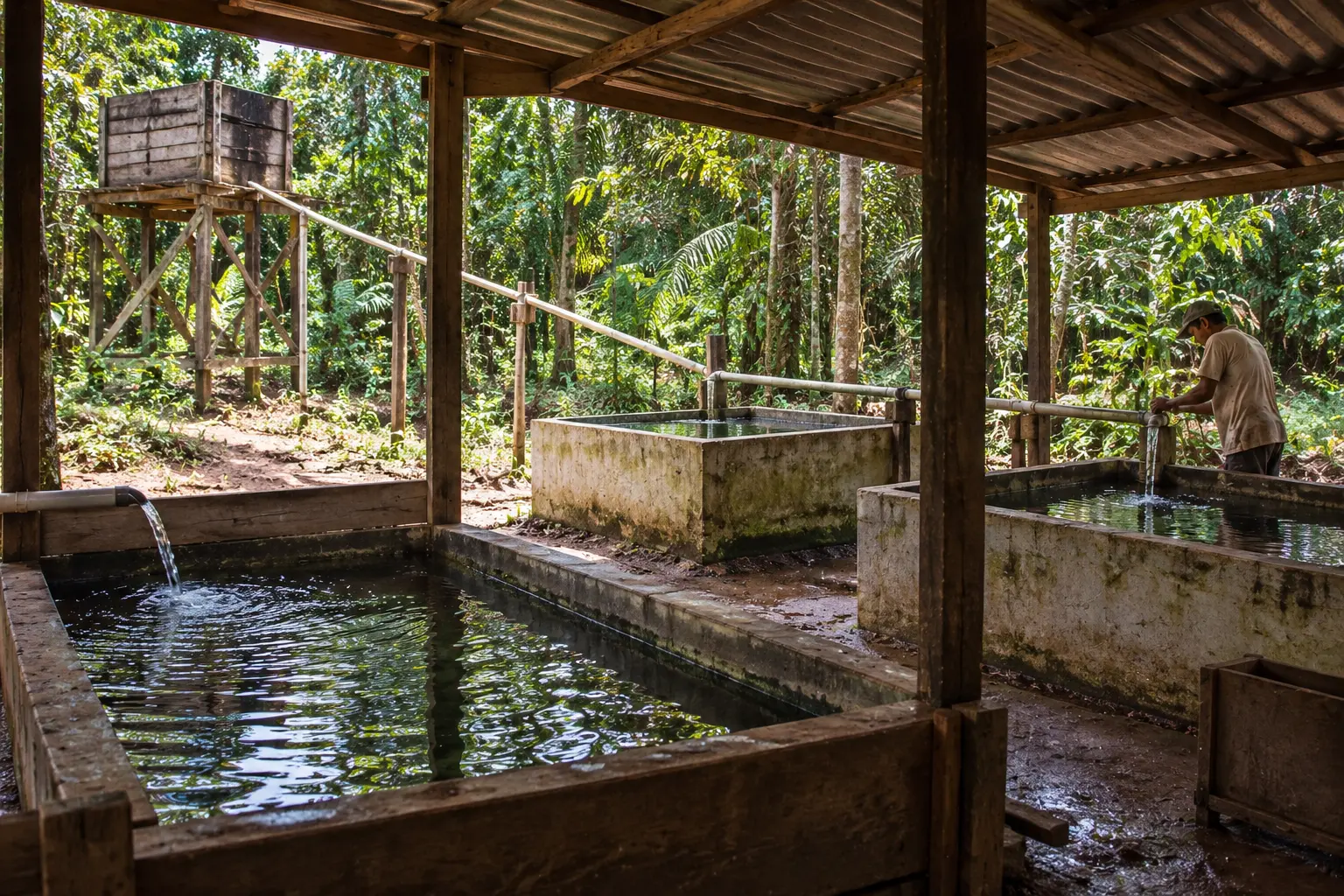 Einfache Sammelstation im Regenwald mit Wasserreservoir, Leitungen und mehreren Hälterungsbecken