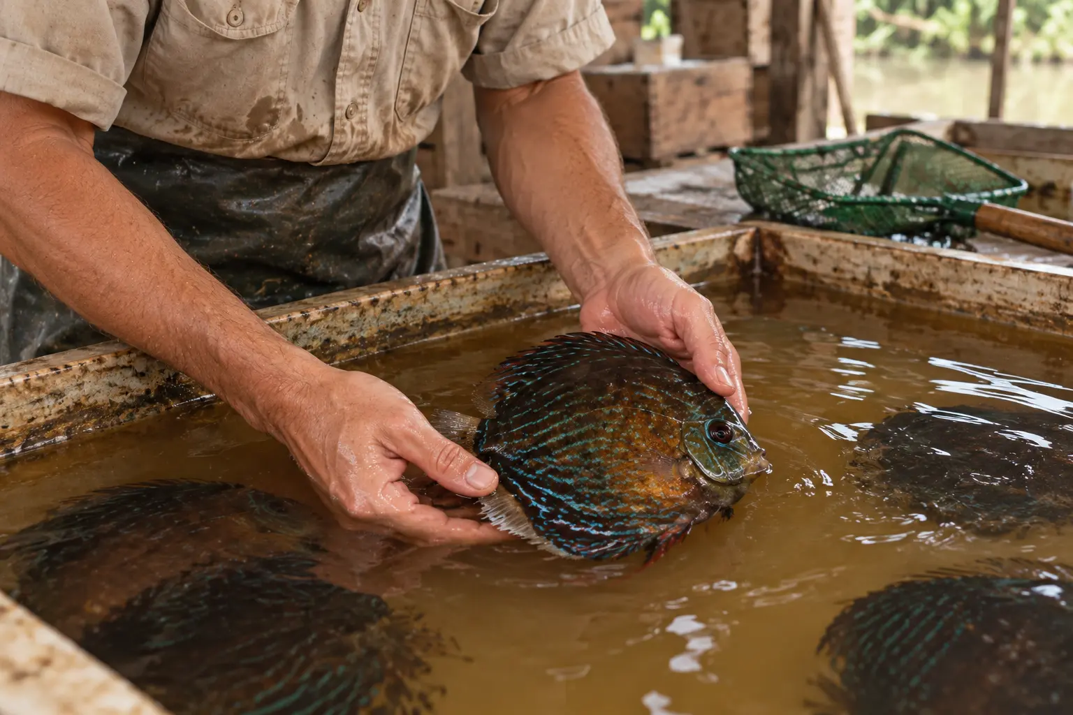 Zwei Hände kontrollieren einen Wilddiskus knapp unter der Wasseroberfläche in einem flachen Behälter