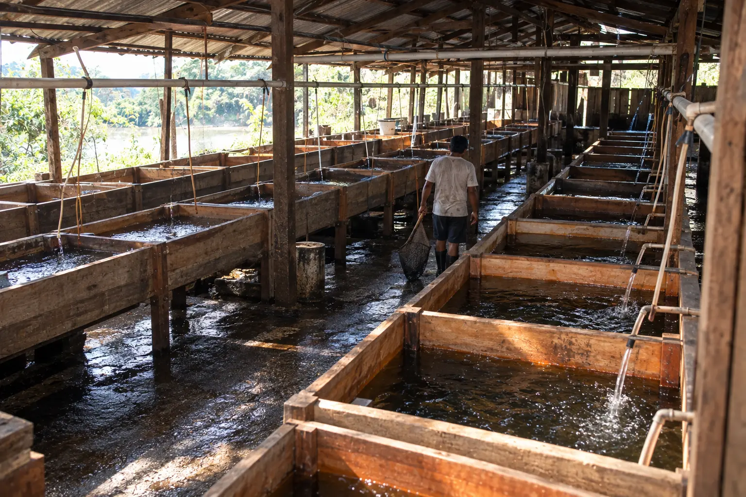 Historische Exporthalle mit vielen hölzernen Hälterungsbecken und einfachen Wasserleitungen