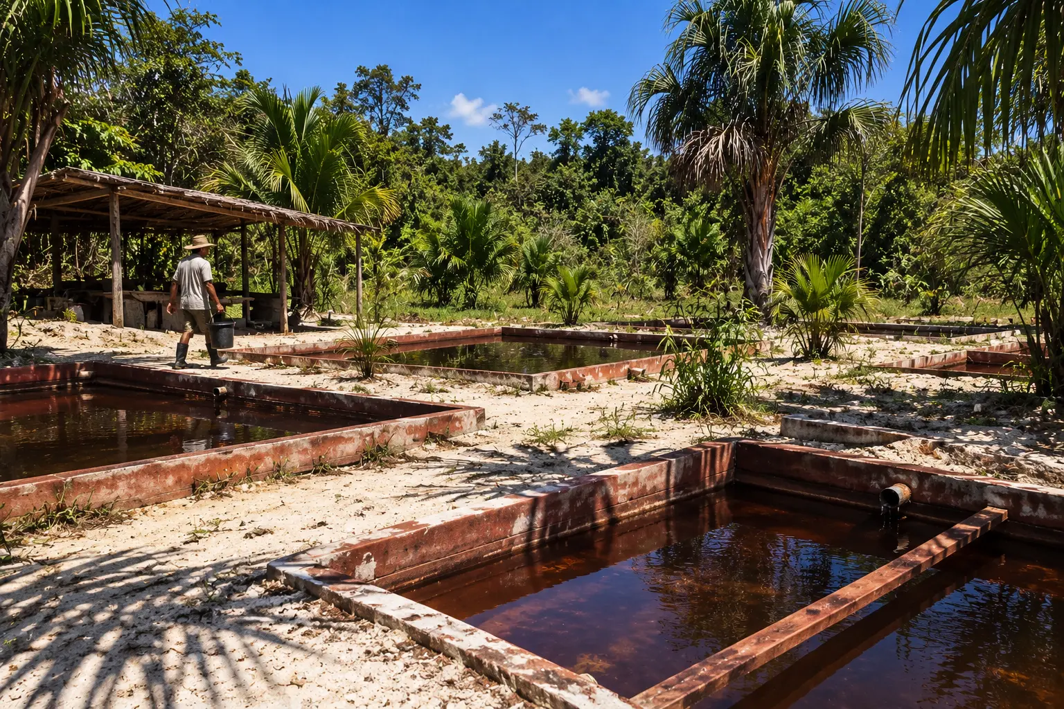Mehrere flache Außenbecken mit dunklem Wasser auf hellem Sand zwischen tropischen Palmen